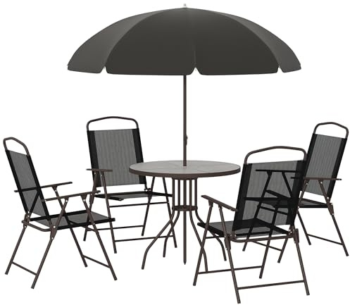 Outsunny Ensemble Salon de Jardin 6 pcs - Table Ronde + 4 chaises Pliables + Parasol - Acier époxy café textilène Polyester Noir