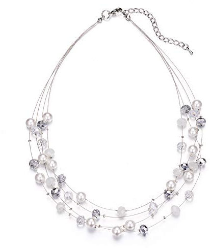 Bulinlin Damen Silber Perlenkette mit Kristall Statement Mehrreihige Boho Choker Halskette Modeschmuck Geburtstagsgeschenke für Frauen（15-White）