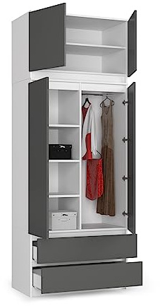 BDW Kleiderschrank mit 4 Türen, 4 Einlegeböden, Kleiderbügel, 2 Schubladen - Aufbewahrungsschrank - Moderner Schrank für das Schlafzimmer Wohnzimmer Diele - 234x90x51cm - Weiß/Grau