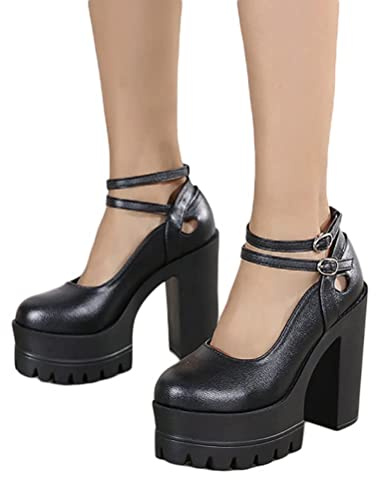 Onsoyours Mujeres Plataforma Mary Jane Tacones Altos Retro Gótico Bombas Sandalias Zapatos Punta Redonda Chunky Charol Zapatos G Negro 41 EU