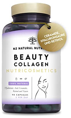 Skincare Kollagen mit Vitamin C, Retinol, Hyaluron, Ceramiden und Niacin. Hautpflege, Anti Falten und Anti Aging Effekt. 90 Pflanzliche Kollagen Kapseln. N2 Natural Nutrition