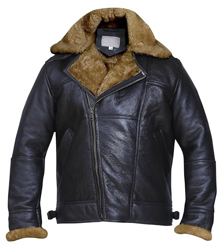 MARCO ENZOLANI Cross Zip B3 Bomber Aviator Real Shearling Brown Sheepskin Leather Jacket - Warm Leather Jacket (Crosszip Dark -XL)