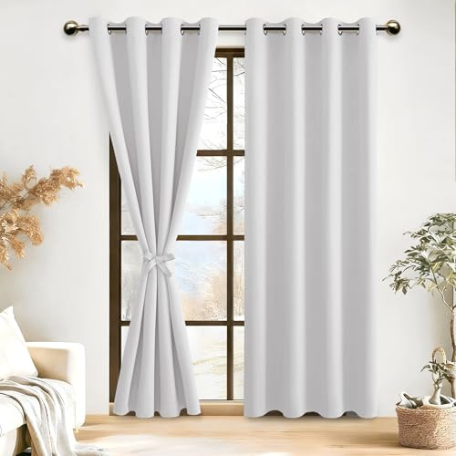 DWCN Gardin ogenomskinliga mörkläggningsgardiner med öljetter 2 stycken thermogardin för vardagsrum, julgardiner, grå vit, 200 x 140 cm (H x B),