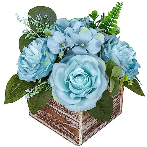 Hortensior konstgjorda blommor i trävas, konstgjorda blommor i kruka, konstgjorda krukväxter, rosor, pioner, hortensior, bordsdekorationer för bordsdekoration, vardagsrum, inomhus, hem, badrum