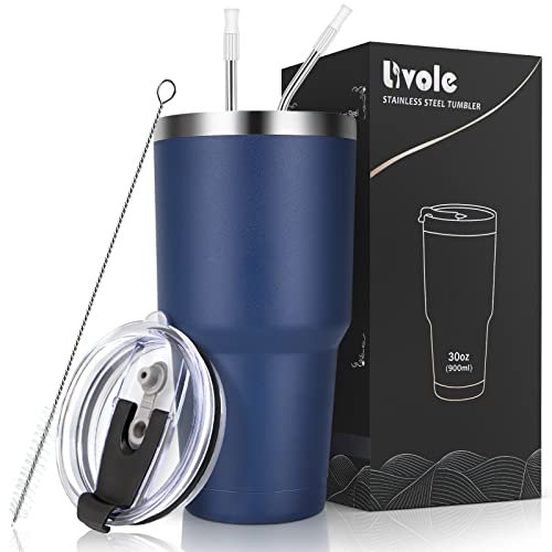 Livole 30Oz Stainless Steel Travel Mug, 900ml Insulated Tumbler with 2 Straws and 2 Lids, Double Walled Vacuum Travel Tumbler, Reusable Coffee Cup for Hot & Cold Drinks, Leakproof, BPA-free, Navy Blue