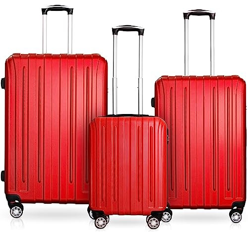 DS-Lux Hochwertigen Reisekoffer Koffer Hartschalen-Koffer Trolley Rollkoffer Handgepäck ABS-Kunststoff mit TSA-Schloss, 4 Spinner Rollen, (S-M-L-Set), Farbe: Rot, Größe: Set