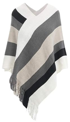 Rayson Cape Poncho Femme Tricoté avec Rayures Hiver Chaud Poncho Chale Femme Long col V Chic Crochet Pull Poncho avec Franges(Blanc,Taille Unique)