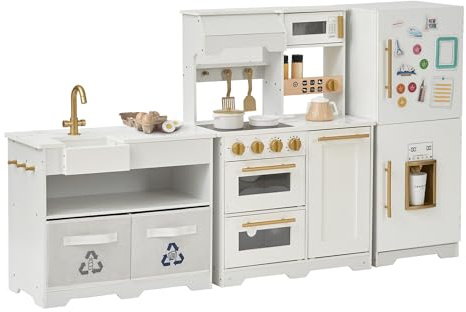 Teamson Kids, Cucina Giocattolo, Little Chef Atlanta, MDF e Non-tessuto, 154,3x33x87,3 cm, Bianco e Oro, Modulare 3 Pezzi, 17 Accessori, da 3 Anni, 27,9 kg