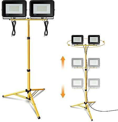 Jiubiaz Baustrahler LED mit Stativ, 2x30W Warmweiß Arbeitsstrahler 2550LM, HöHenverstellbar, Baustellenlampe Wasserdicht IP66 für Innen-und Außenbereich Garage, Baustelle (kein Stecker)