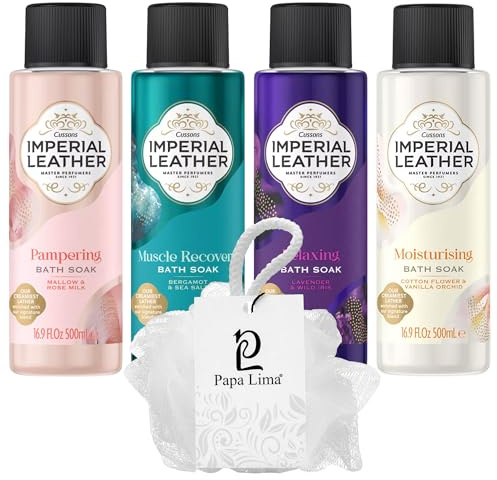 Papa Lima Bath Soak Bundle - 4 x 500ml | Imperial Leather Bergamot and Sea Salt, Cotton Flower and Vanilla Orchid, Mallow and Rose Milk, Lavender and Iris with Body Puff