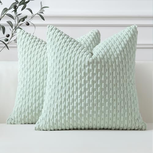 Sungeek 2er Set Kordsamt Kissenbezüge, Dekorativ Zierkissenbezüge Weich Kissenbezug Dekokissen Sofakissen Boho Deko Bezug Kissenhülle für Sofa Schlafzimmer Wohnzimmer (Hellgrün, 50x50 cm)