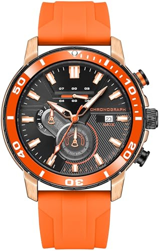 Herrenuhr Orange Silikon Armbanduhr mit Chronograph Tag Kalendar Sportliche Mode Quarzuhr Leuchtender Zeiger