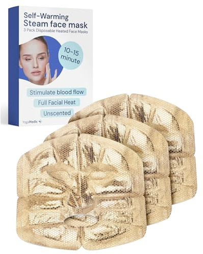 YogaMedic Self-Warming Steam Face Mask (3 Pack) - Disposable Heated Facial Pad - 15 Min Soothing Moist Heat - Full Coverage with Easy-Fit Ear Loops - Unscented Travel Essential for Spa Relaxation