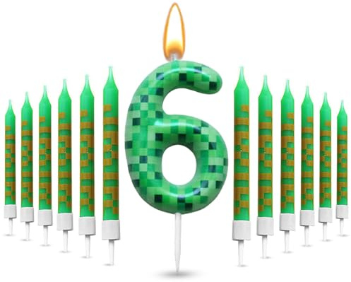 Glamifyr 13 candele per 6 compleanno ragazzo, decorazione per torte 3D per ragazzi candele di compleanno con numeri 6, candele verdi Pixel candele di compleanno candela 6 compleanno ragazza cartone