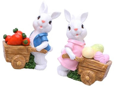 DLUKENY 2Pieces Cartoon Lapins Figurines Résines Garden Décrits Les Fasers Bunnies avec Ornements Charrette pour Balcons Pots Fleurs