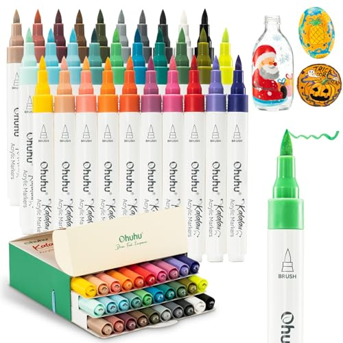 Ohuhu Acrylic Markers Brush Tip, 30 Colours High capacity High Opacity Waterproof Lightfast Acrylic Paint Pens for Rock Painting Easter Eggs Wood Glass Ceramic Canvas