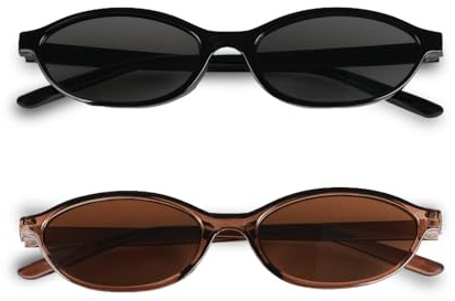 BUTBU 2 Pack Retro Oval Sunglasses, Cat Eye Sunglasses for Women, Vintage 90s Trendy Sun Glasses, UV400 Protection for Driving, Outdoor, Beach, Party (Balck, Black Tea)