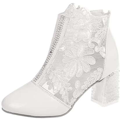 Xbemkste Ankle Boots Women's Short Shaft Boots Elegant Lace Flowers High Heels Mesh Rhinestone Evening Party Bridal Shoes Wedding Shoes Chic Ankle Boots