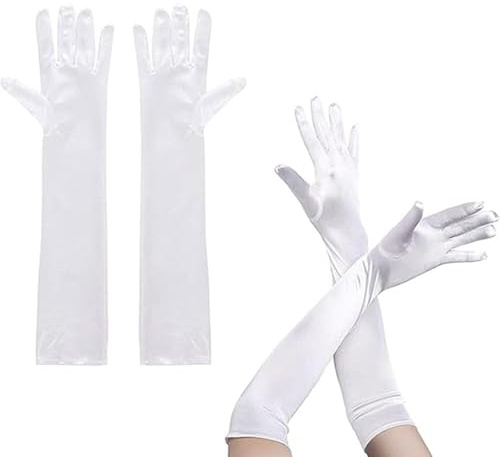 Flosfjylo 2 Pcs Long Gloves Women Formal, Satin Glove, Stretchy Elbow Length Gloves, Long Glove for Women for Costume Evening Opera Bridal Party Wedding Prom - White