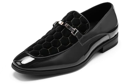 YFFUSHI Mocasines Hombre Cuero PU Brillante Terciopelo con Hebilla Metálica Zapatos Elegante Comfort Slip On Loafers Cena Traje, Negro, 43 EU