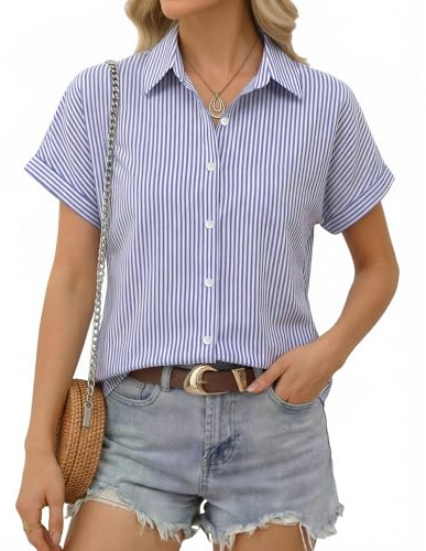 ALGALAROUND Women's Striped Tops V-Neck Short Sleeve Button Down Shirts Casual Summer Fitted Shirt Basic Shirts Going Out Elegant Smart Blouses for Women Light Blue and White Stripes S