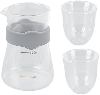 Pongnas Set Caffettiera Pour Over – Caffettiera in Vetro Borosilicato con Scala del Volume in Oro + 2 Tazze a Doppia Parete – Resistente Al Calore e Al Freddo per Bar – Vaschetta Gocciolatore da 300