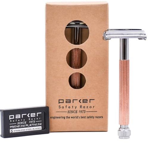 Parker 29L roséguld, långt handtag med fjärilsöppning och dubbelkantad säkerhetsrakhyvel för män och kvinnor, 5 Parker Premium Platinum dubbelkantade rakblad ingår