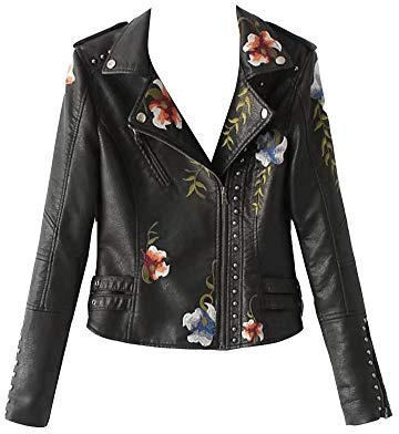 GUOCU Mujer Chaqueta De Cuero PU Corto Biker Abrigo con Bordados De Flores Negro XL