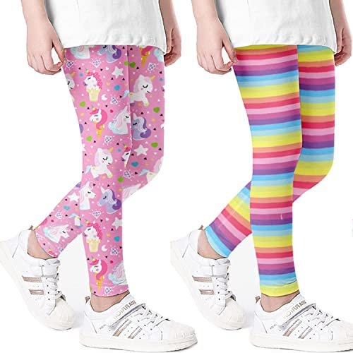 MZSYLK flickleggings barn blommönster stretchiga leggings färgglada full längd tights byxor ., rosa enhörning + regnbåge, 3-4 Years