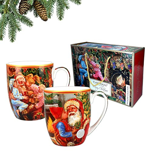 Carmani – set med 2 julmugg, festlig festmugg för te, kaffe, varm choklad dekorerad med jultema 400 ml