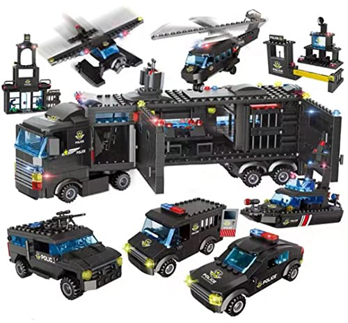 ELAICREE 1102 Pieces City Police Station Building Kit, SWAT Mobile Command Center Truck Building Toy with Police Car, Helicopter, Patrol Boat, Learning and Roleplay Swat Toy Gift for Boys and Girls