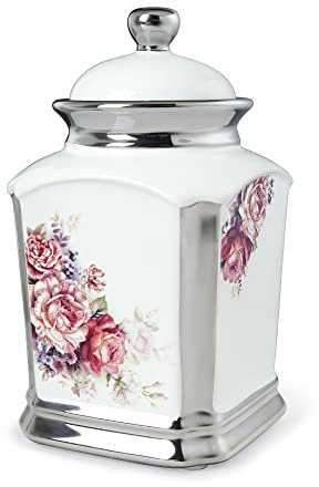 fanquare Keramik Vorratsdose mit Deckel, Rosen Blüten Muster Lebensmittelbehälter, Küche Lagerung Kanister für Zucker, Cookie, Gewürze, Kaffeebohnen, Weiß Geblümt, (FKT0550A)