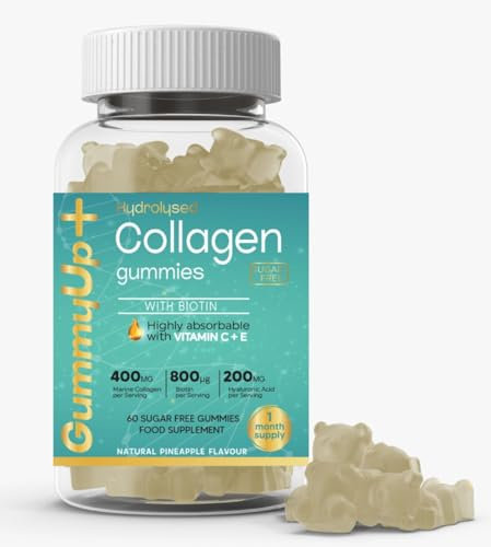 Hydrolysed Collagen Gummies with Biotin + Oral Hyaluronic Acid | Highly Absorbable with Vitamin C+E | 60 Sugar Free Natural Pineapple Flavoured Gummies