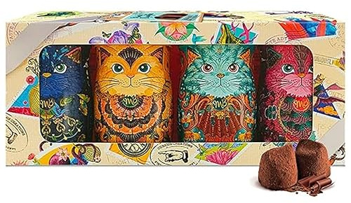 Monty Bojangles Kit-Tins Schokoladentrüffel (4 x 36g) Truffle Pralinen mit Kakao bestäubt Pralinen, Schokolade Sammlerdose mit Katzen-Design, Geschenkset mit vier Geschmacksrichtungen