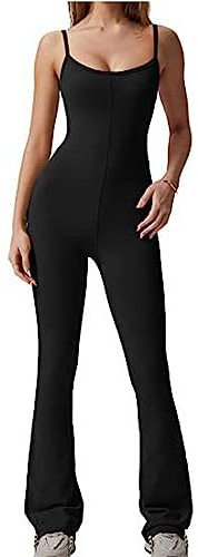 MOTOFUTURE Combinaisons évasées pour Femmes Bretelles Spaghetti Col Rond Moulante Casual Unitard Combishort Dames Travail Formel Stretch Pantalon évasé sur Mesure-Black||XL