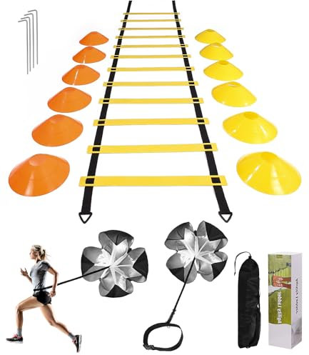SOBEAU Fussball trainingszubehör,Agility Leiter,Agility Training mit 6 m Trainingsleiter&12 x Kegel für Slalom,koordinationsleiter trainingsleiter,fußball trainingsset Geschenke Erwachsener