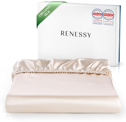 RENESSY Sábana Bajera Ajustable en Seda 100% Orgánica 160x200 cm - 22 Momme Seda de Morera, Grado 6A, Certificada por Oeko-Tex en Alemania - Apta para Colchones hasta 30 cm (Champán)