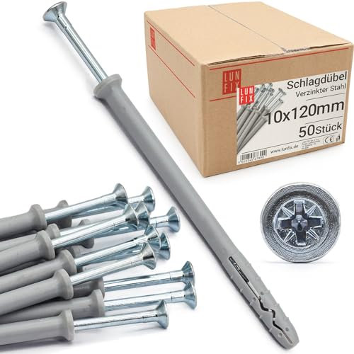 Chevilles à Frapper 10.0x120mm, 50 pièces – Chevilles béton et placo avec vis pré-montées – Cheville Murale Rapide – Goujon à Expansion, Fixation Mur, vis placo, ancrage à clouer