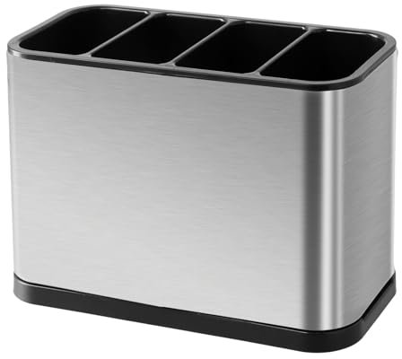 4 in 1 Utensilienhalter Küche Edelstahl, 18x8,6x13cm, Besteckhalter 4 Teilig, Küchenutensilienhalter mit Boden Herausnehmbarer Trennwand, Küchenhelfer Halter, Küchen Organizer Utensilien Spülbecken