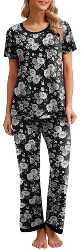 PrinStory Womens Pajama Set Short Sleeve Sleepwear Ladies Soft Pjs Lounge Set With Pockets Floral Print Nightwear (Black Silver Rose, L)