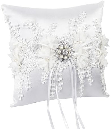 duozoanz Ringkissen Hochzeit Vintage Ringhalter Weiß Ehering Kissen 18x18cm Ringkästchen Ringschatulle mit Satinband und Simulation Perle für Eheringe