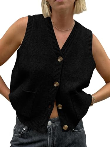 Saodimallsu Pull sans manches pour femme - Coupe ample - Gilet en tricot - Col en V avec bouton - Tricot tendance et décontracté - Cardigan avec poches, Noir , S