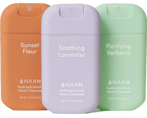HAAN Hydrating Hand Cleansing Spray with Aloe Vera (Pack of 3) – Clean Your Hands - 1 of Each Scent: Sunset Fleur, Purifying Verbena, Soothing Lavender