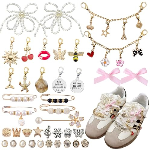 XHYMIA Shoe Charms for Sneakers 39 Pcs, Shoelace Junk Socks Charms DIY Brooches and Pins for Women Jewelry