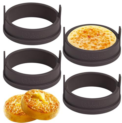 webake Crumpet Rings Non Stick Silicone 4 Pcs 9cm Pancake Mould Egg Rings Muffin Ring Baking Rings for Homemade Crumpets, Muffins, Pancake Cakes