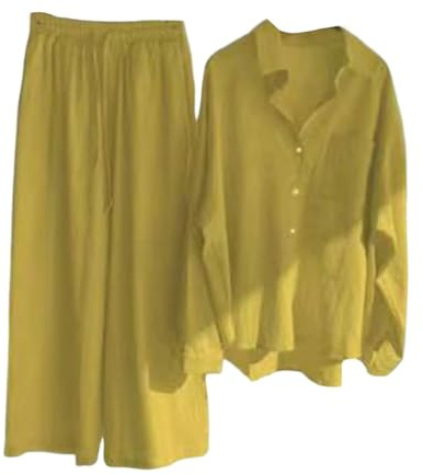 ticticlily Traje de Casual Elegant Mujer Conjuntos de Trajes 2 Piezas Camisas Cuello V con Botón y Pantalones Largos Cintura Alta Ropa Informal Verano A Amarillo L