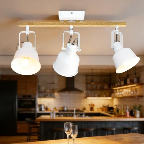 Aulaiyi Lámpara Techo Focos, 3 Focos Led Interior Techo Base E14, Apliques Techo Focos con madera Base Rectangular, 350° Giratorios Plafón Foco de Techo LED, Blanco (Sin Bombilla)