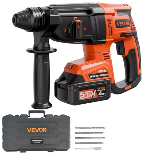 VEVOR Trapano a Percussione Senza Spazzole 20 V Kit Trapano Avviatatore a Percussione da 28 mm con Batteria, Caricabatteria e Custodia per Trasporto, 4 Funzioni, 1200 Giri/min 5300 BPM