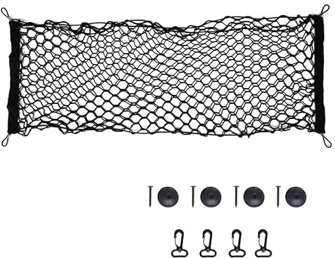 Cargo Net,car boot net 40x110 cm,Heavy Duty Organizer Net with 4 Hang buckle+4 Hooks,Elastic net for Car Interior Roof Storage,Luggage,Rear Boot,SUV,Truck,Vans,Groceries,Motorhomes,Universal（black)