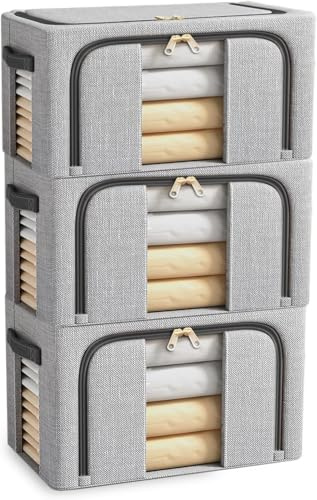 BOUDOI Scatole per Armadio,Contenitori Sottoletto con Struttura Metallo Pieghevole,Contenitori per Armadio Salvaspazio,Organizer Cassetti Impermeabili per Biancheria,Coperte e Giocattoli-3x24L (S)